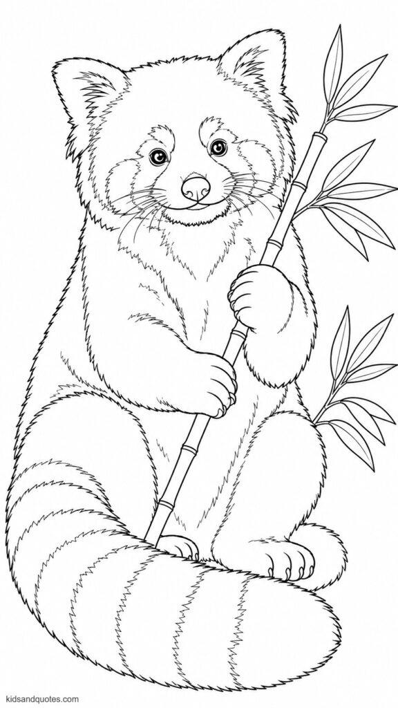 Free printable PDF of a red panda holding a bamboo stalk with both paws.