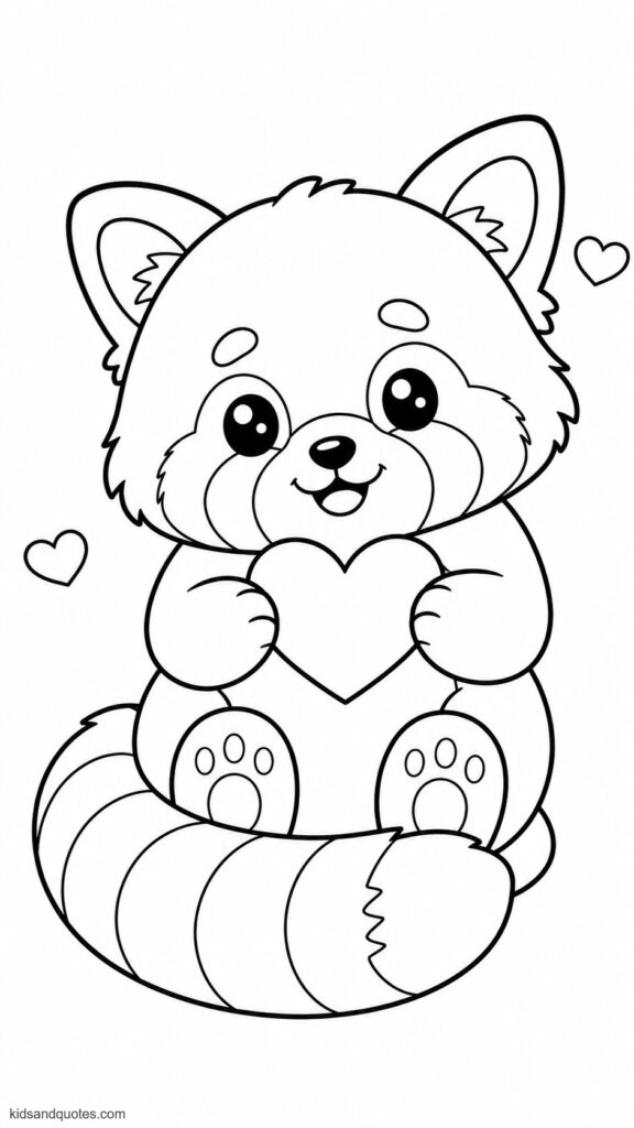 Coloring page of a cute red panda sitting and holding a small heart in its front paws - soft, adorable expression, large eyes, a round face, and a fluffy striped tail wrapped around its side.