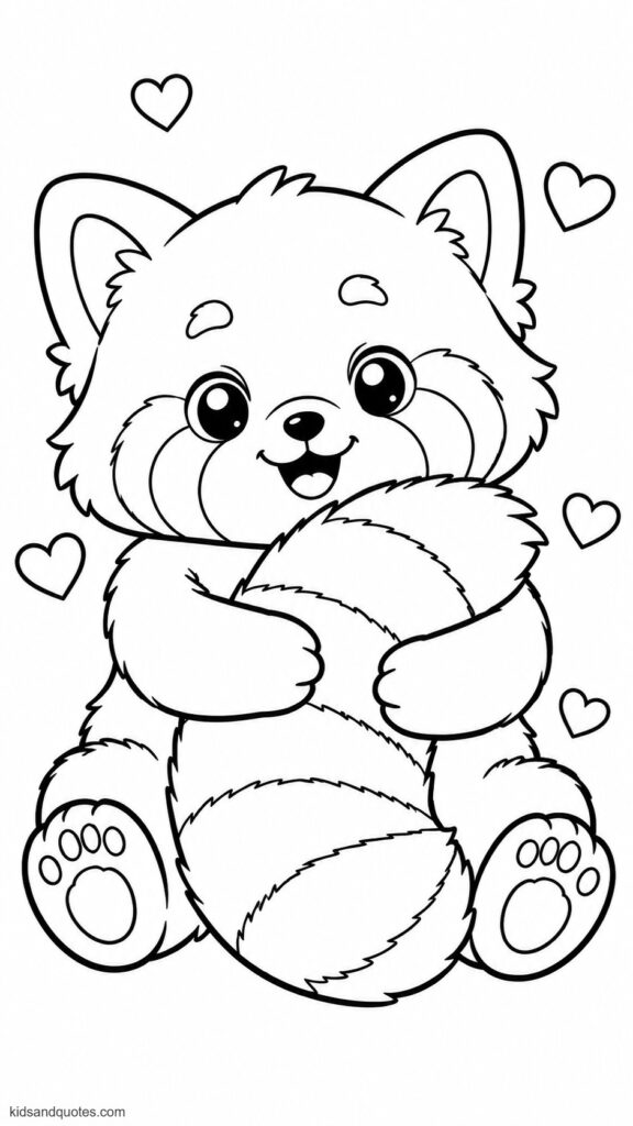 Coloring page: An adorable red panda hugging its own big fluffy striped tail - round face, smiling expression, and oversized cute eyes.
