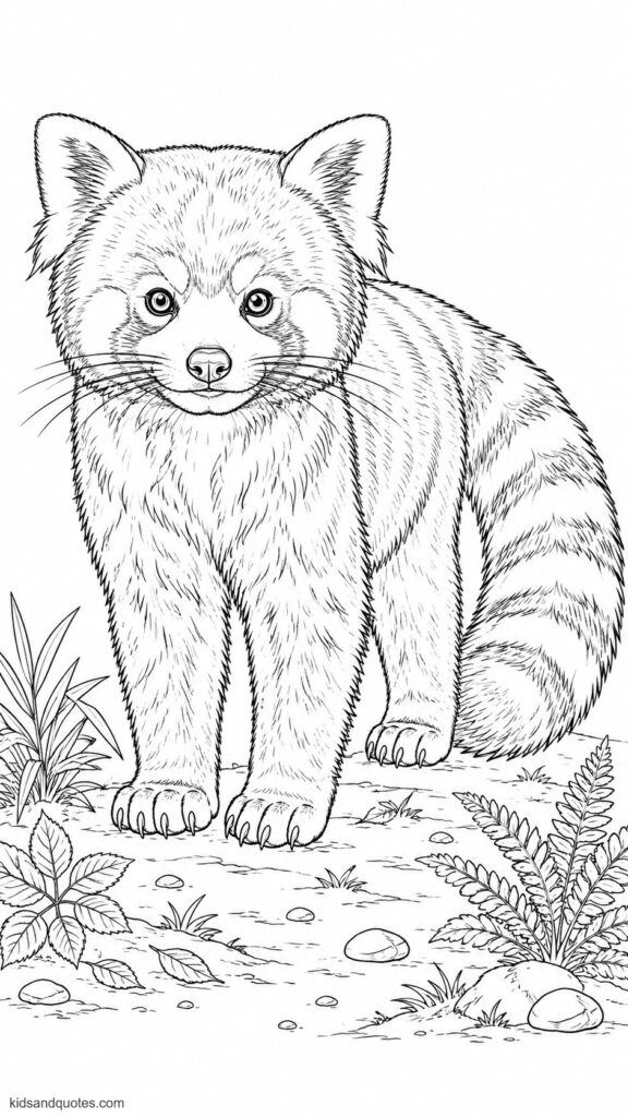 Coloring page of a red panda standing alert with pointed ears raised.