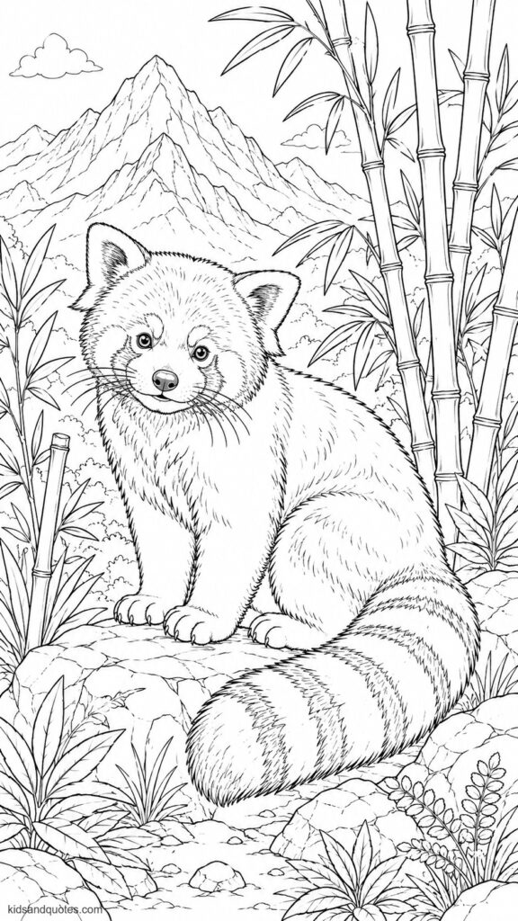 Coloring page of a red panda in a mountain bamboo habitat.