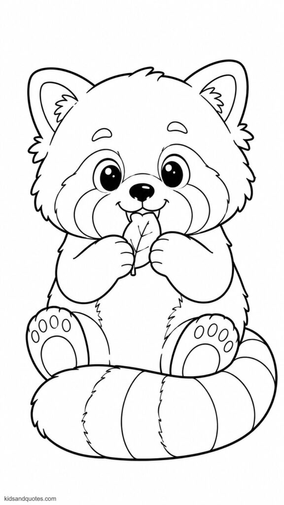 A black-and-white coloring page showing a happy red panda munching a little snack, such as a leaf or fruit, while smiling.
