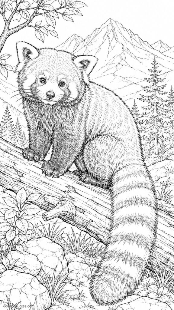 Coloring page of a realistic red panda in a natural mountain forest setting.