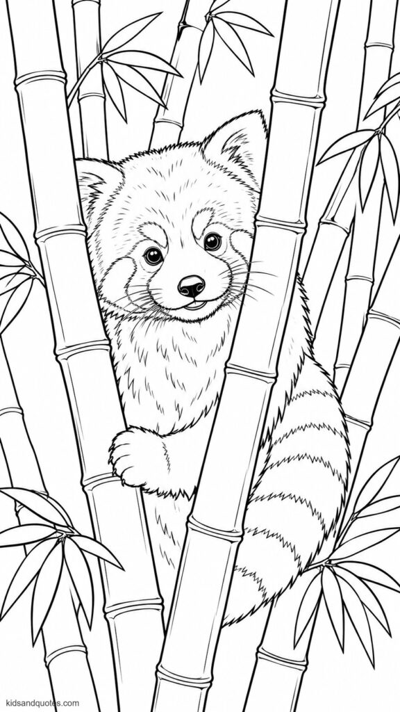 Free coloring sheet of a red panda peeking from inside a bamboo forest.