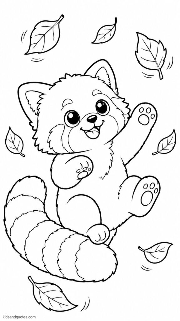 Free printable: A cute red panda playing with falling leaves; fluffy fur, a joyful face, big eyes, and a large ringed tail.