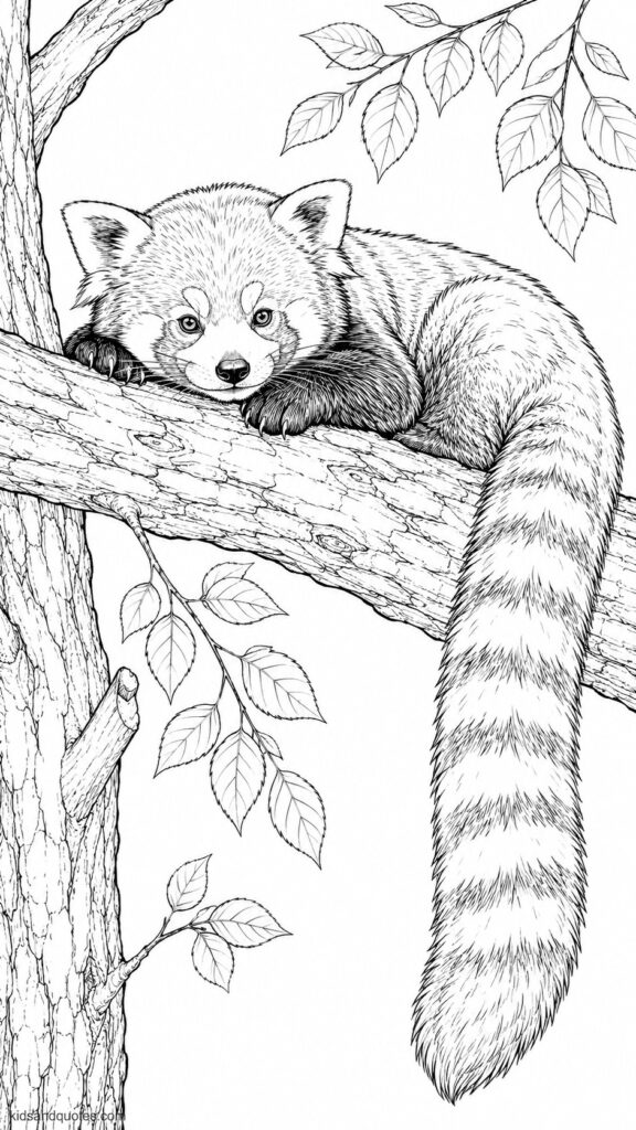 Coloring sheet of a realistic red panda resting on a high tree branch.