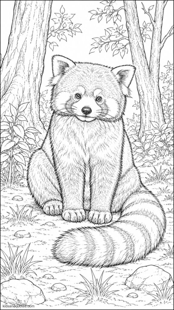 Coloring page of a red panda sitting in a forest clearing - fluffy fur, white face markings, pointed ears, and a long striped tail.