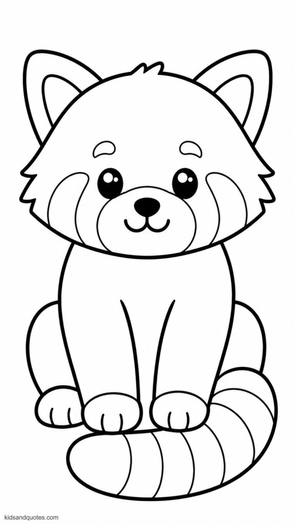 Coloring page of a red panda sitting still and facing forward, very bold outlines, minimal fur detail, large body sections, and an easy smiling face.