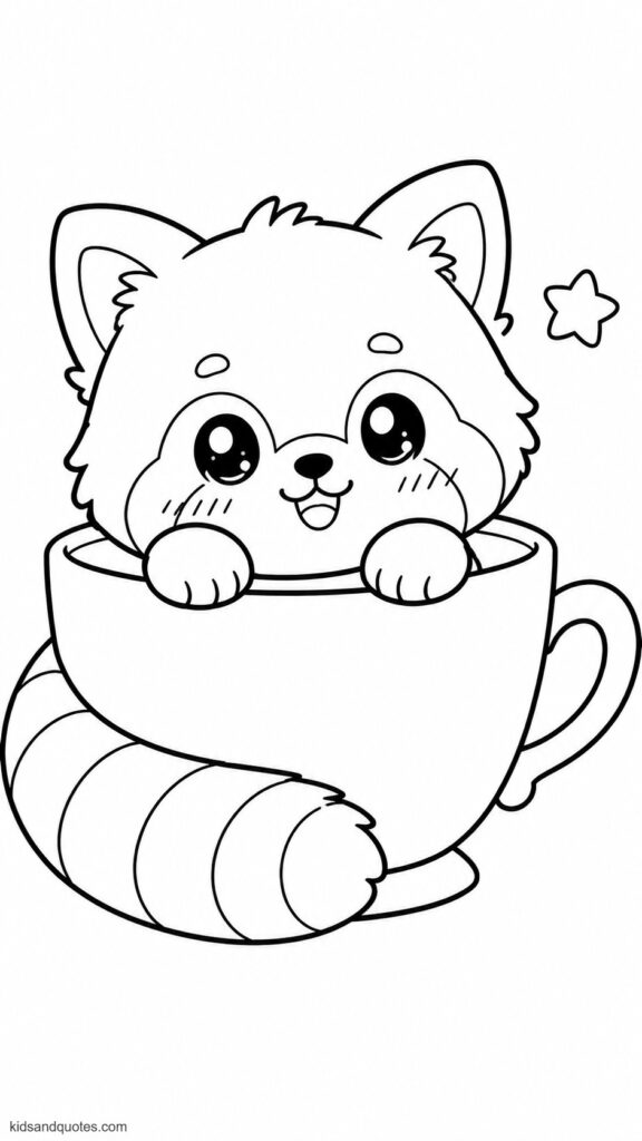 Coloring page: a kawaii red panda sitting inside a teacup which is large and simple, while the red panda peeks out with oversized eyes, tiny paws resting on the rim, and a striped tail curling around.