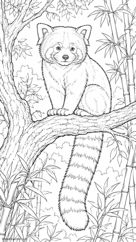 Coloring page of a red panda sitting on a tree branch with bamboo leaves nearby.