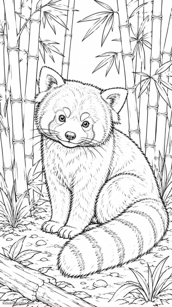 Coloring page of a red panda sitting under tall bamboo plants.