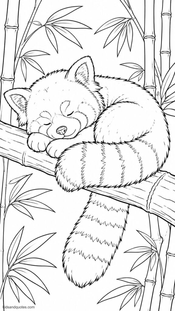 Coloring page of a red panda sleeping on a bamboo branch.