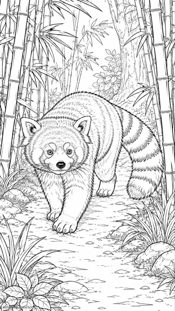 Coloring page of a red panda walking through a forest path bordered by bamboo and low plants.