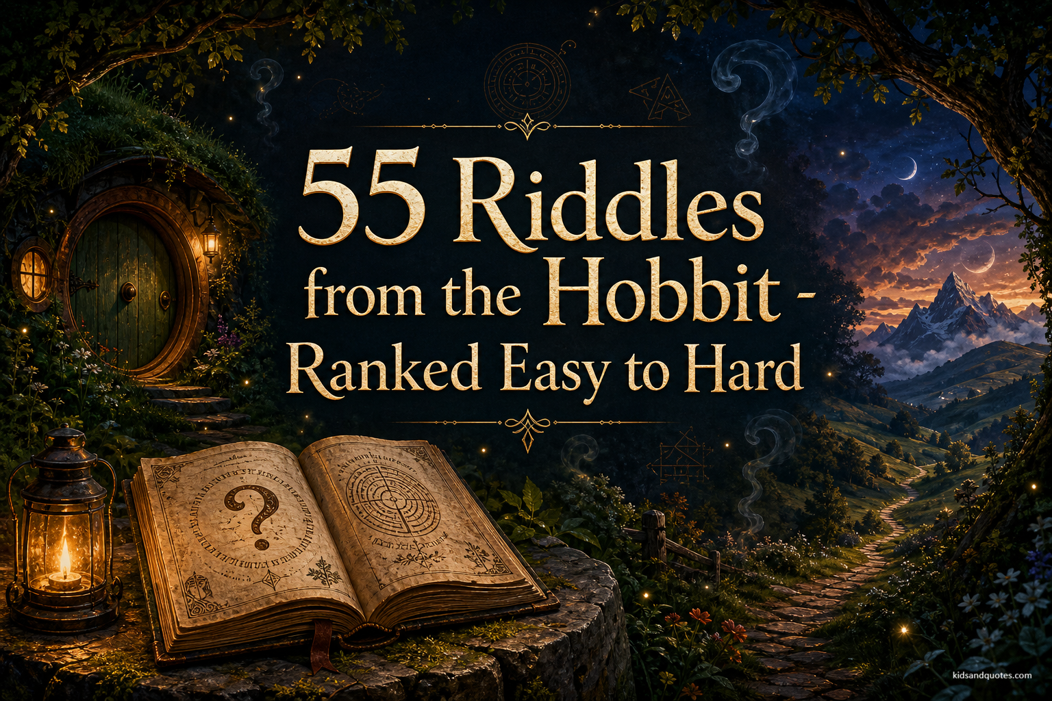 Fantasy scene with a Hobbit-style round door, glowing lantern, ancient riddle book and distant mountains.
