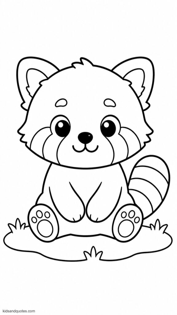 Coloring page of a simple baby red panda sitting on grass, small, sweet, and easy for preschoolers to color.