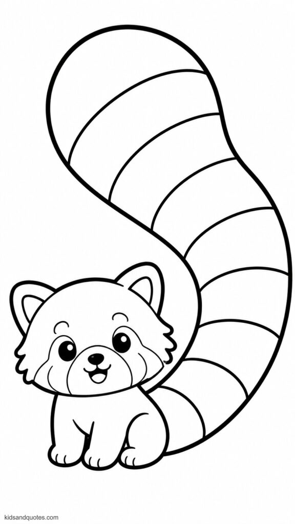 A simple red panda with a large bushy tail as the main focus, should have thick, clear stripes that are easy to color.