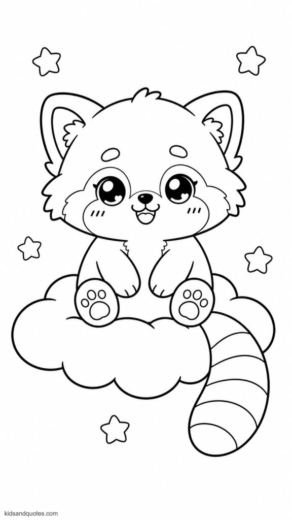 Coloring page of a kawaii red panda smiling while sitting on a fluffy cloud - big eyes, blushing cheeks, tiny paws, and a striped tail hanging slightly off the cloud.