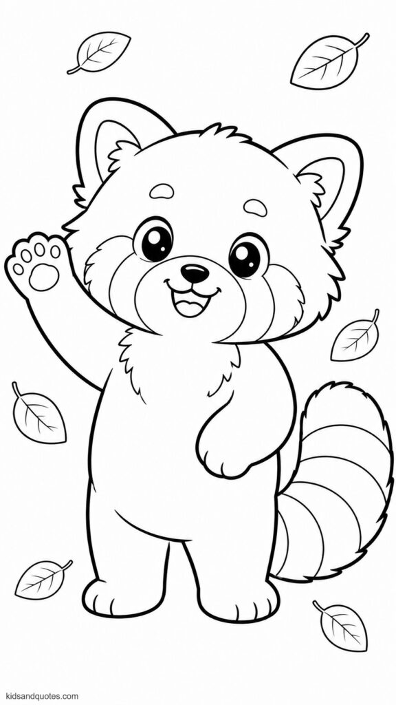 Coloring page of a cute smiling red panda standing upright and waving one tiny paw - friendly eyes, a round fluffy face, small rounded ears, and a large striped tail.