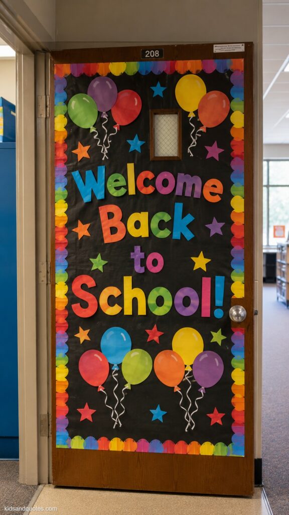 Elementary classroom door decorated with a "Welcome Back to School!" bulletin board display, colorful paper cutout balloons and stars, bright cheerful color scheme.