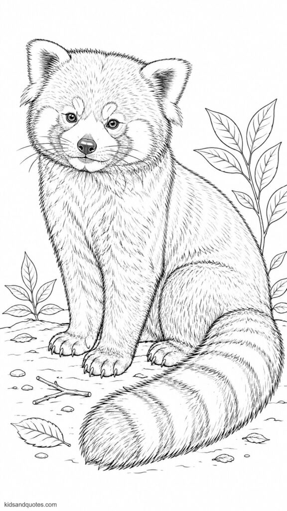 Coloring page of a wildlife-style red panda with clear white face markings, alert eyes, pointed ears, dark legs, and a bushy tail.
