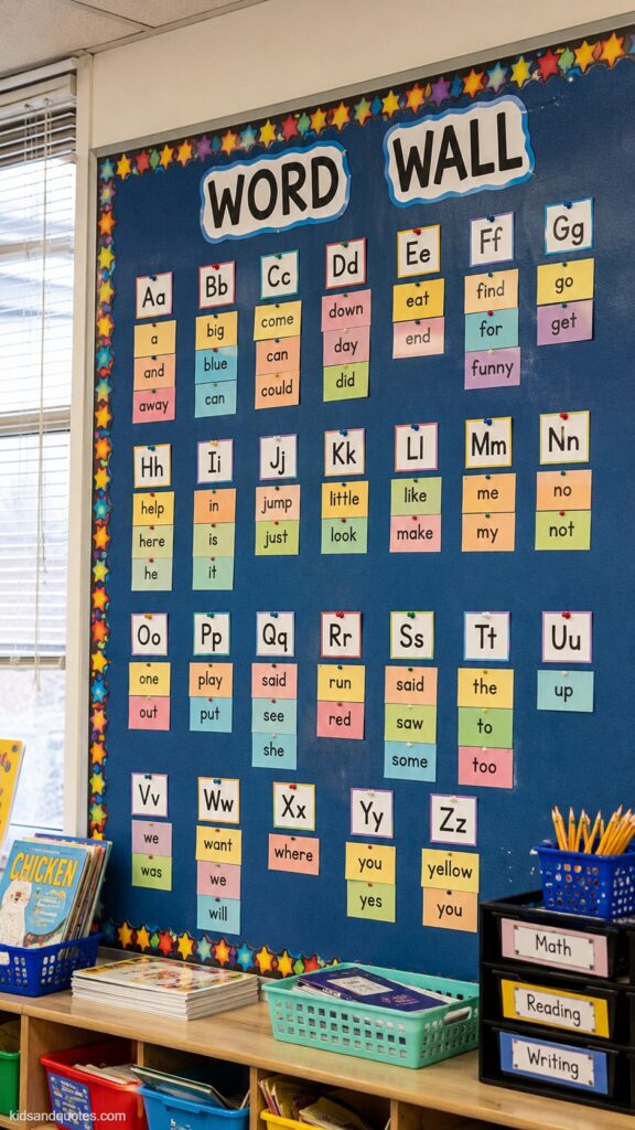 Photo of an alphabetized word wall on a classroom bulletin board, small colorful cards with sight words pinned under labeled alphabet letter headers, bright organized layout.