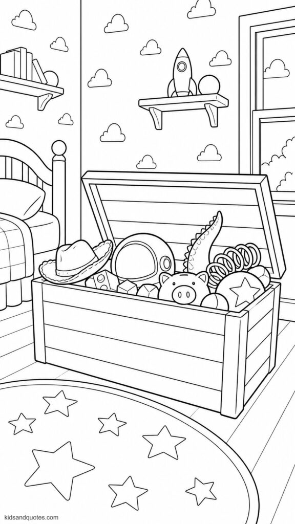 Coloring page: Andy's room, toy box scene.