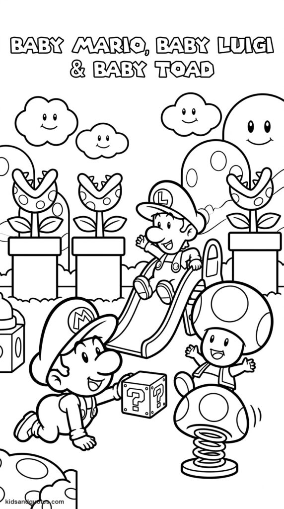 Coloring page of Baby Mario, Baby Luigi & Baby Toad scene.