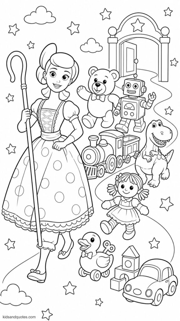 Printable coloring page: Bo Peep leading the toys.