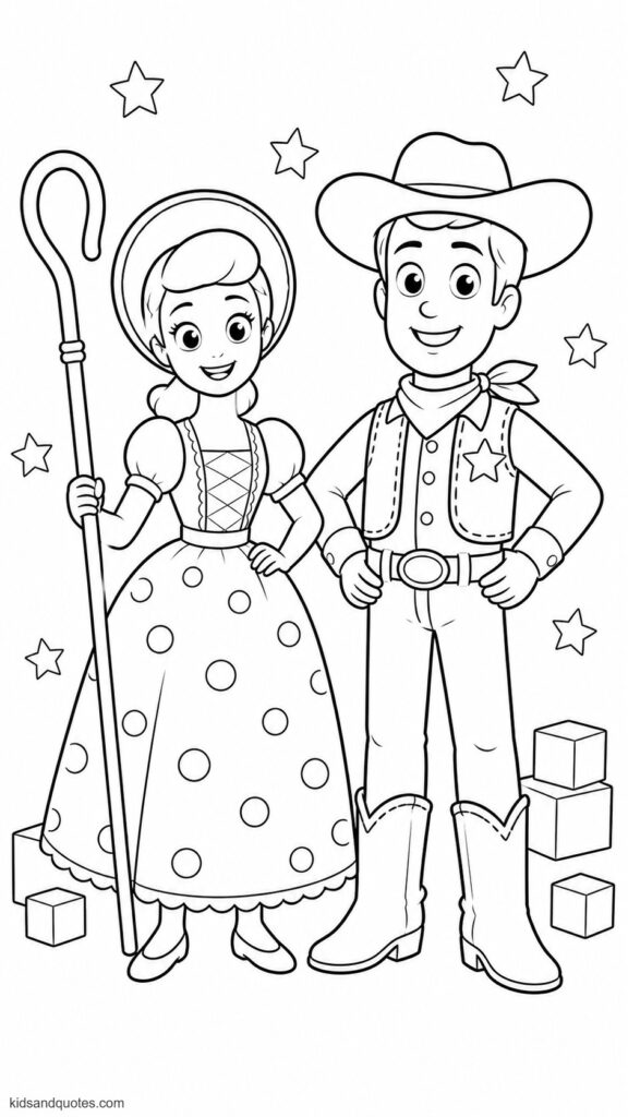 Coloring page image of Bo Peep and Woody side-by-side.