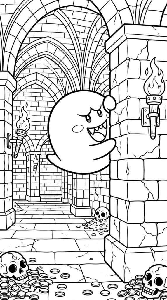 Coloring page of Boo peeking around corner.