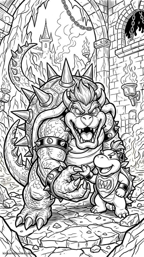 Coloring page of Bowser and Bowser Jr. side by side.

