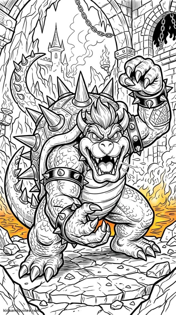 Coloring page of Bowser in his spiked-shell battle pose.