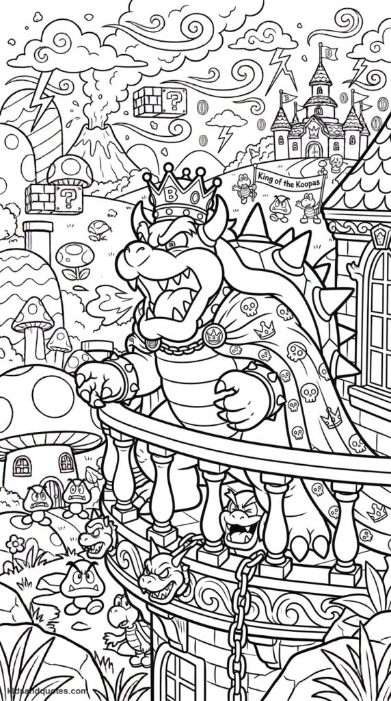 Coloring page of Bowser roaring as King of the Koopas.
