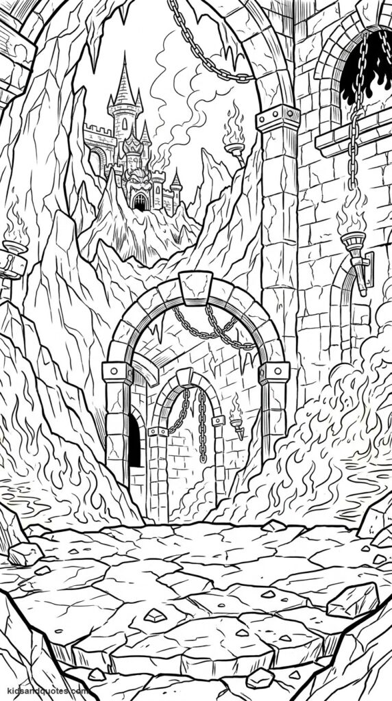 Coloring page of Bowser's castle backdrop scene.