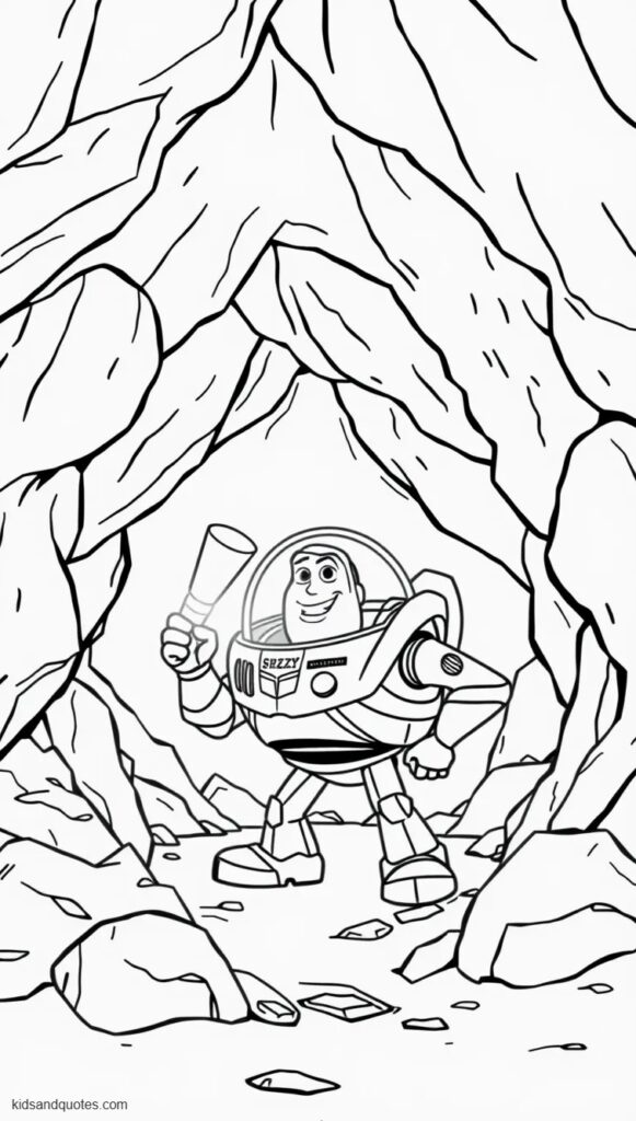 Coloring page of Buzz exploring a rocky cave with a flashlight.