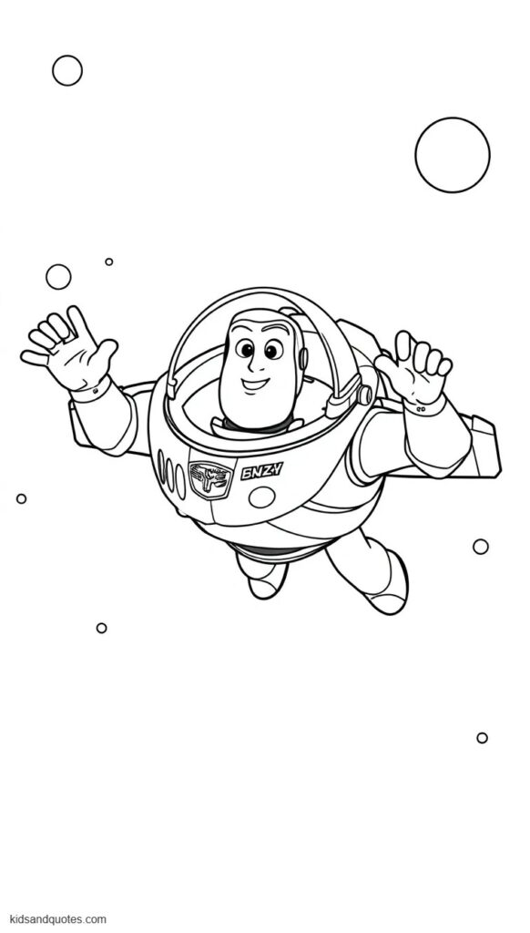 Coloring page of Buzz flying through space.