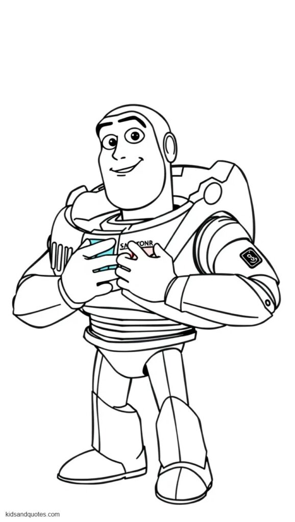Coloring page of Buzz pressing chest button.
