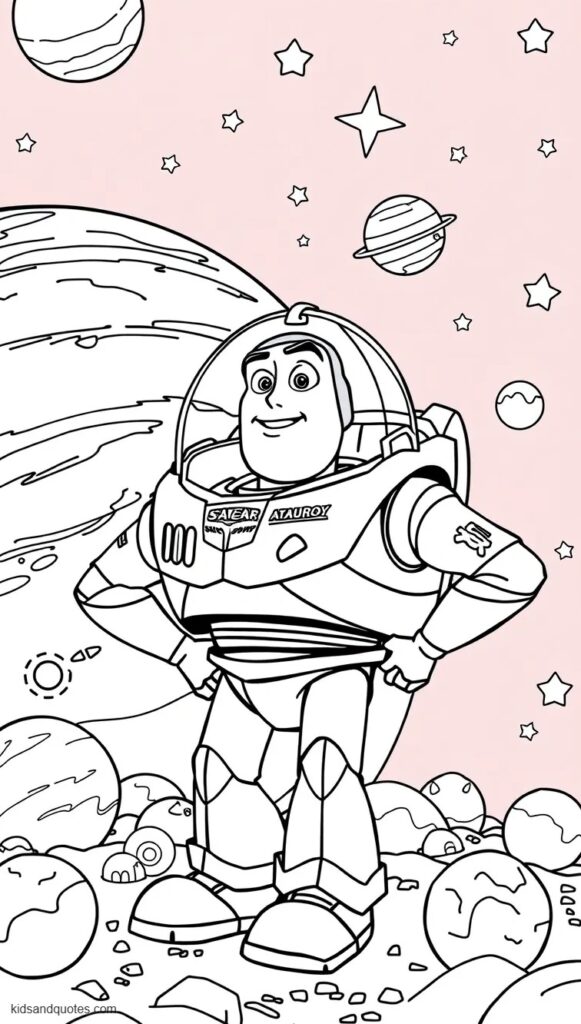 Coloring page of Buzz standing amongst planets and stars.