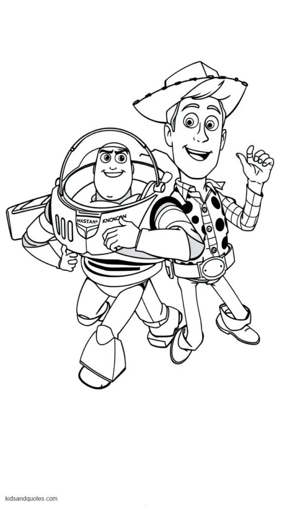 Coloring page of Buzz, woody flying together.