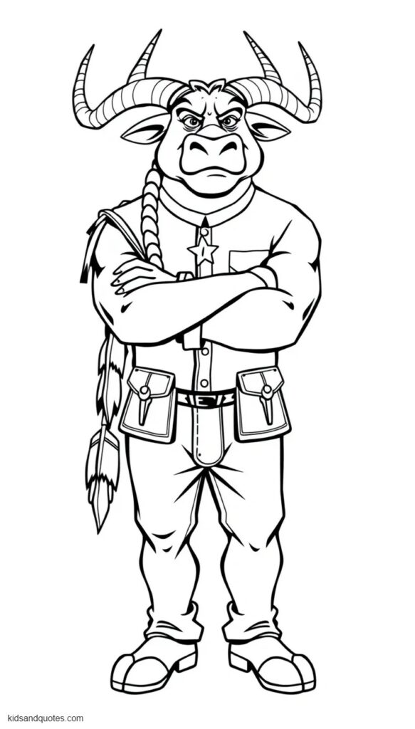 Free coloring page printable PDF of a full-body portrait of Chief Bogo standing with his arms crossed and feet apart.
