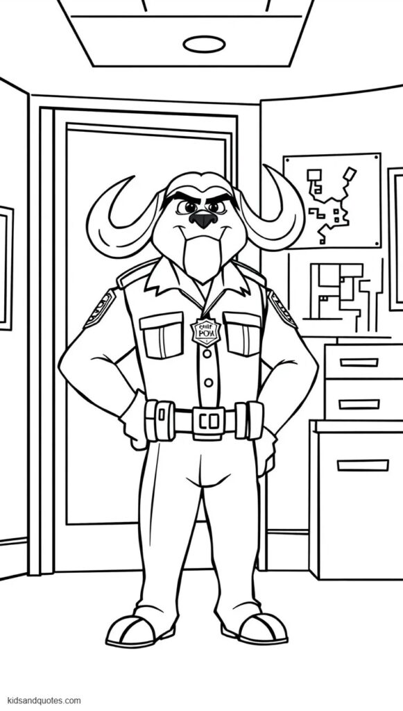 Coloring page of Chief Bogo standing inside the Zootopia Police Department with a commanding but fair expression.