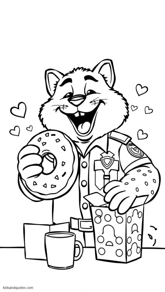 Coloring page of Officer Clawhauser happily holding a large donut beside an open snack box. 