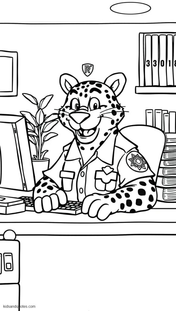 Coloring page of Officer Clawhauser sitting cheerfully at the ZPD reception desk.