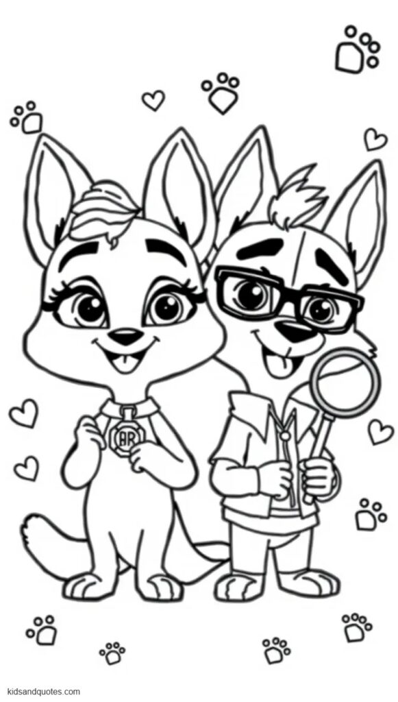 Printable coloring page PDF of  adorable chibi versions of Judy Hopps and Nick Wilde standing side by side with oversized heads, small bodies and joyful expressions.  