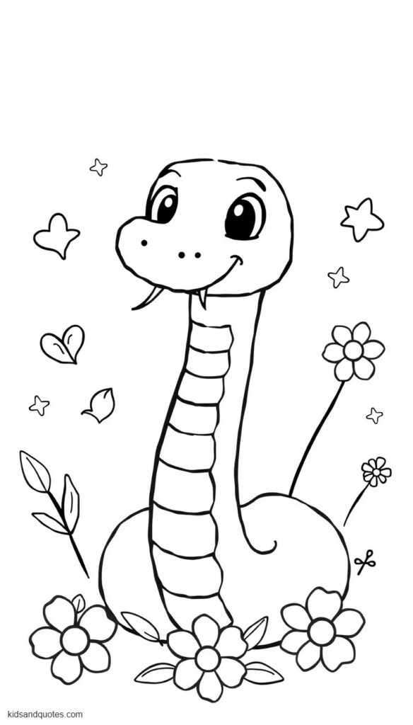 Coloring page of  a cute simplified Gary De’Snake with an oversized head, tiny rounded fangs, big friendly eyes and a loosely coiled body. 