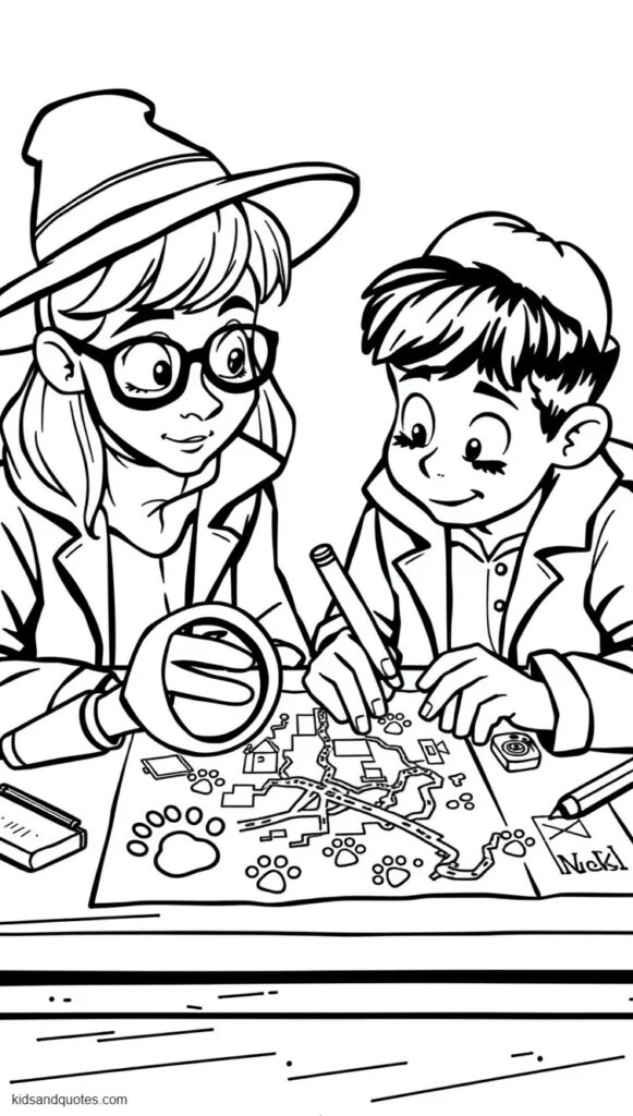 Coloring page of Detective partners solving a mystery.