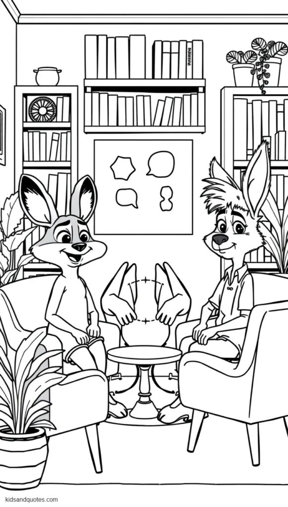 Coloring page of  Dr. Fuzzby, a friendly quokka therapist, sitting between Judy Hopps and Nick Wilde during a humorous partner-counseling session.