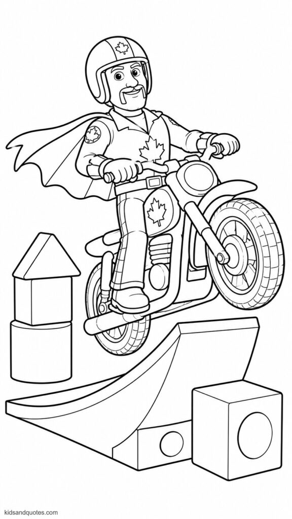 Coloring page of Duke Caboom on his motorcycle.