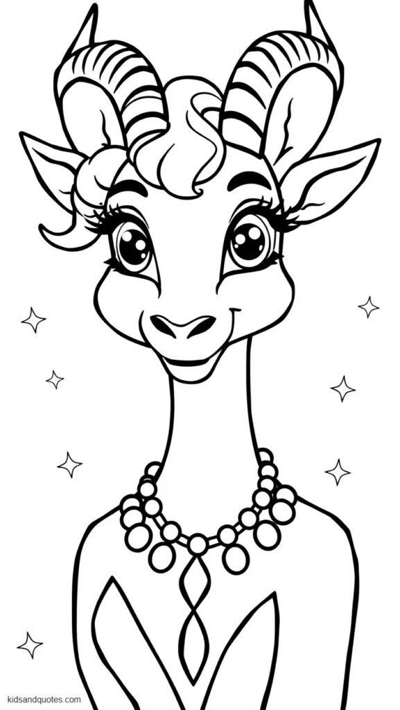 Coloring page of head-and-shoulders portrait of Gazelle smiling warmly at the viewer.