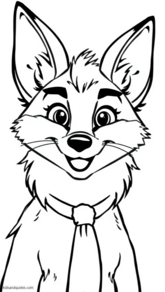 Coloring page of a simple head-and-shoulders portrait of Nick Wilde smiling directly at the viewer.
